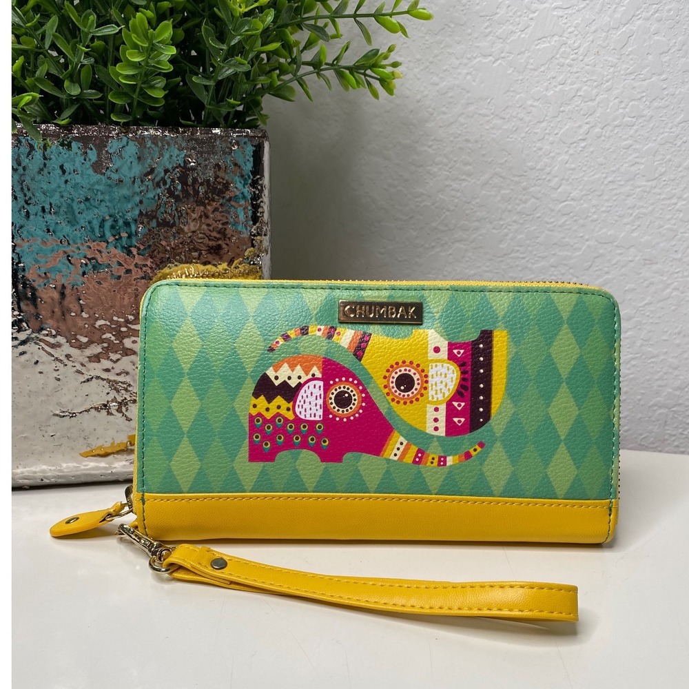 Chumbak Wristlet Wallet‎ Womens Green Yellow Elephant Zip Around Boho Chic